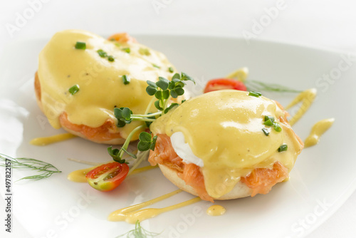 eggs benedict royale breakfast with smoked salmon and hollandaise sauce