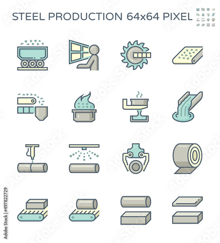 Steel production industry, manufacturing and metallurgy vector icon with mining and machine equipment i.e. production line, furnace, foundry. Include process of smelting, casting and making product.