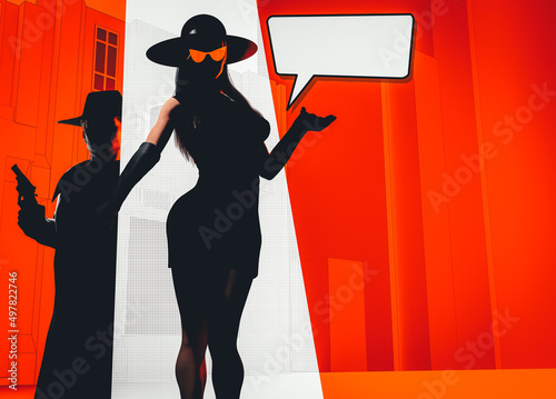 3d render illustration of sexy lady noir lady in black dress, hat and gloves posing on red toned street with detective male character.
