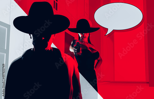 3d render illustration of sexy lady noir lady in black dress, hat and gloves aiming gun at male stranger on red toned street with comic text box.
