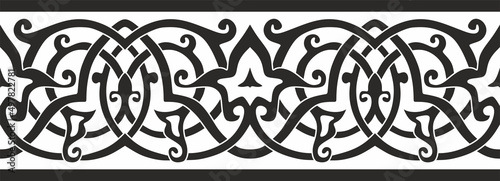 Vector monochrome seamless oriental national ornament. Endless ethnic floral border, arab peoples frame. Persian painting.

