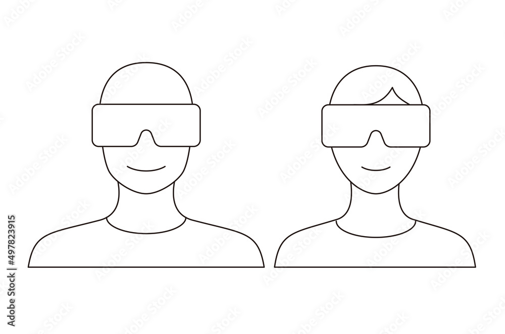 Man and women wearing Virtual reality glasses. front view, playing games, vector illustration Man and women wearing Virtual reality glasses. front view, playing games, vector illustration