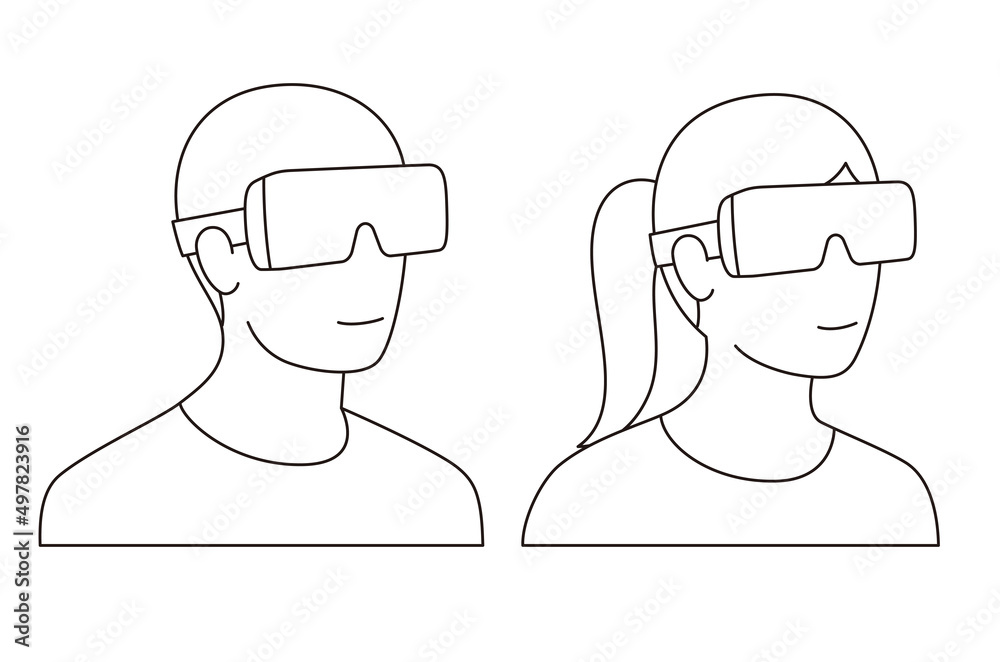 Man and women wearing Virtual reality glasses. front view, playing games, vector illustration