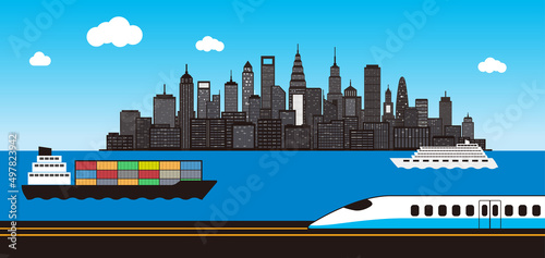 Big modern city near the sea with cargo container, liner and hight-speed train