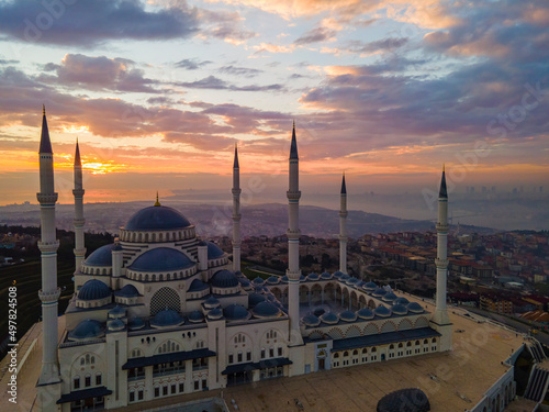 Camlica Mosque in the Sunset Drone Photo, Uskudar Istanbul Turkey © raul77