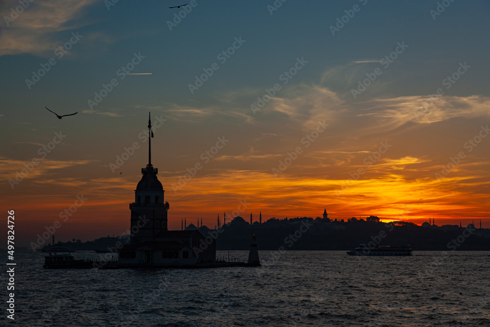 Maidens Tower in the Night Lights, Uskudar Beach Istanbul Turkey