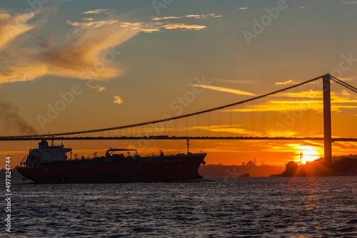 Sunset Time in the Bosphorus Bridge, Cengelkoy Port, Uskudar Istanbul Turkey 