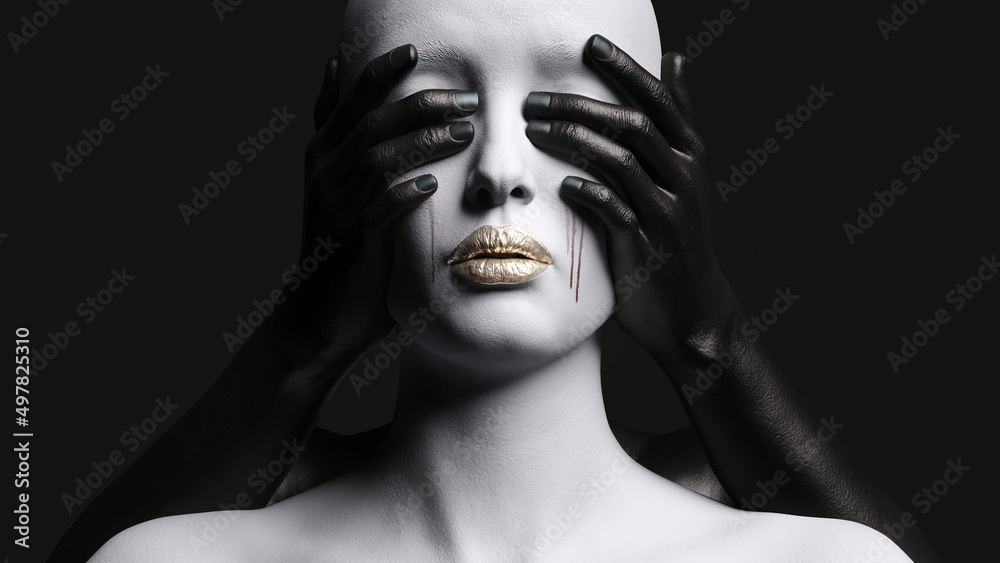 A Tearful Female Figure Being Blindfolded From Behind By A Hand 3d