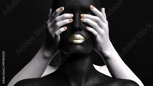 Fotografie A tearful female figure being blindfolded from behind by a hand