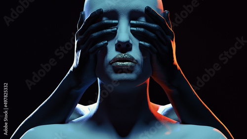 A tearful female figure being blindfolded from behind by a hand. two color light. 3D illustration. photo