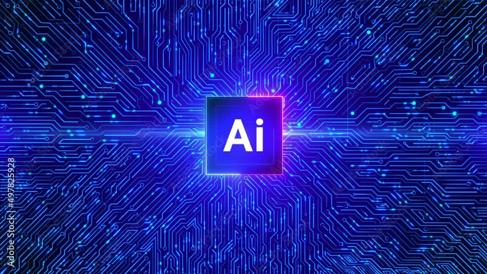 Artificial intelligence AI, machine learning computer Business Technology Loop Background. Internet and network. Futuristic CPU Circuit. 3D Visualization AI Processor Power. Digitalization Process.
