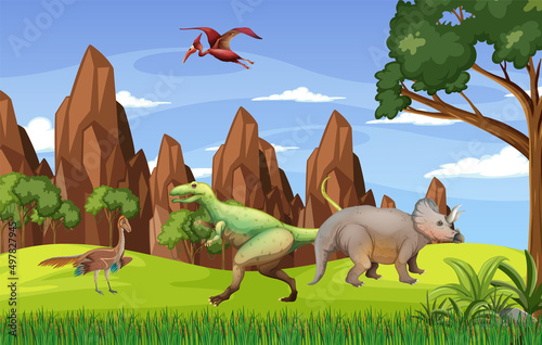 Scene with dinosaurs in forest