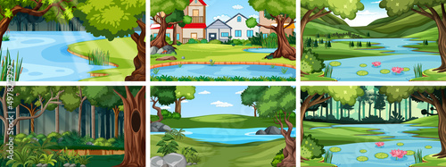 Nature scene with many trees and pond