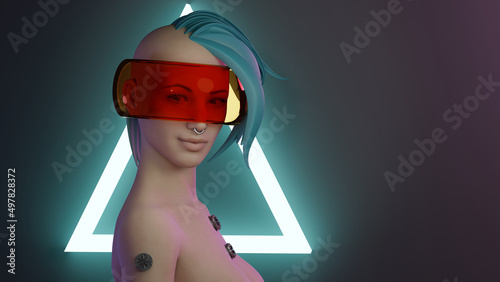Cyber punk young woman with colored hair. 3d illustration