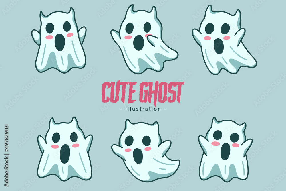 Set of Collection Cute Ghost Horror Cartoon flat design hand drawn Spooky emoji funny spirit doodle