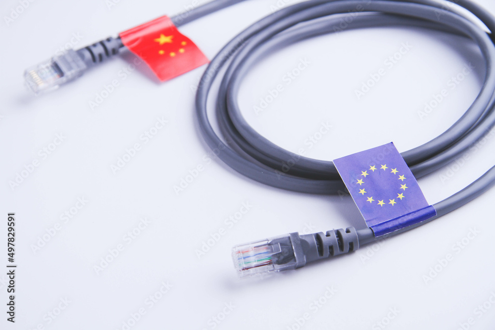 Internet cable with the flag of China and the European Union. Internet cable with the flag of China and the European Union.