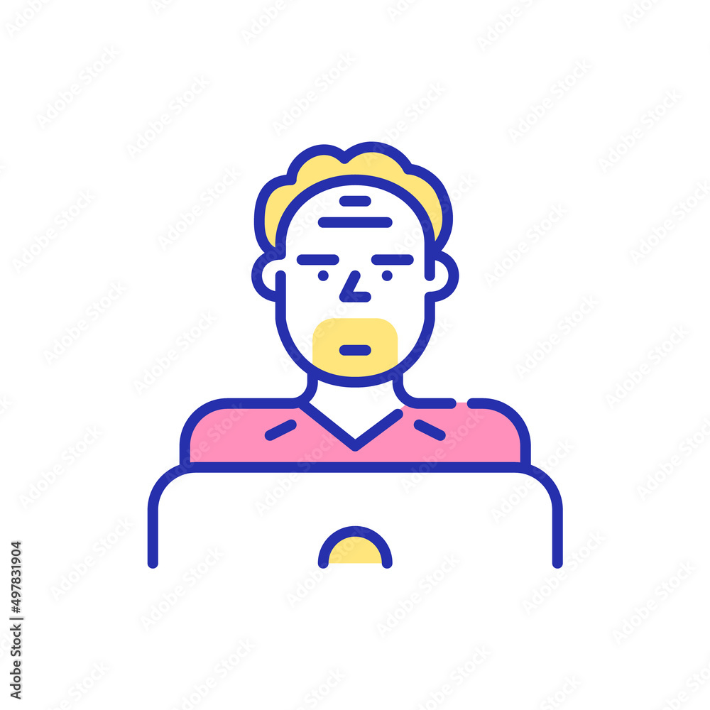 Middle-aged man working at a laptop. Older Internet user. Pixel perfect, editable stroke fun color icon