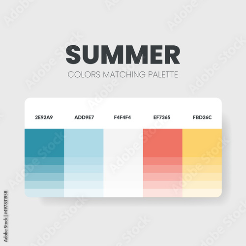 A summer color palette or color schemes are trends combinations and palette guides this year, example of table color shades in RGB and HEX. A color swatch for  summer fashion, home, interior design