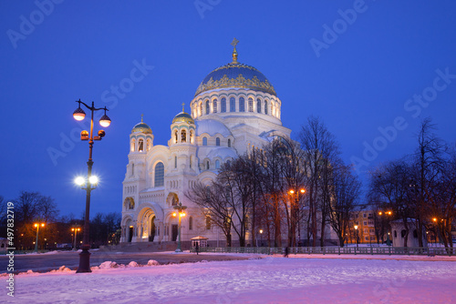 March twilight at the Naval Cathedral of St. Nicholas the Wonderworker. Kronstadt, Russia