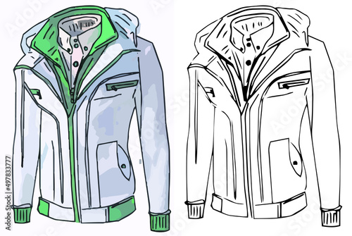 Outline sketch drawing of green and white winter jacket, winter clothes., Long sleeve with Short zip fleece jacket overall technical fashion Flat sketch