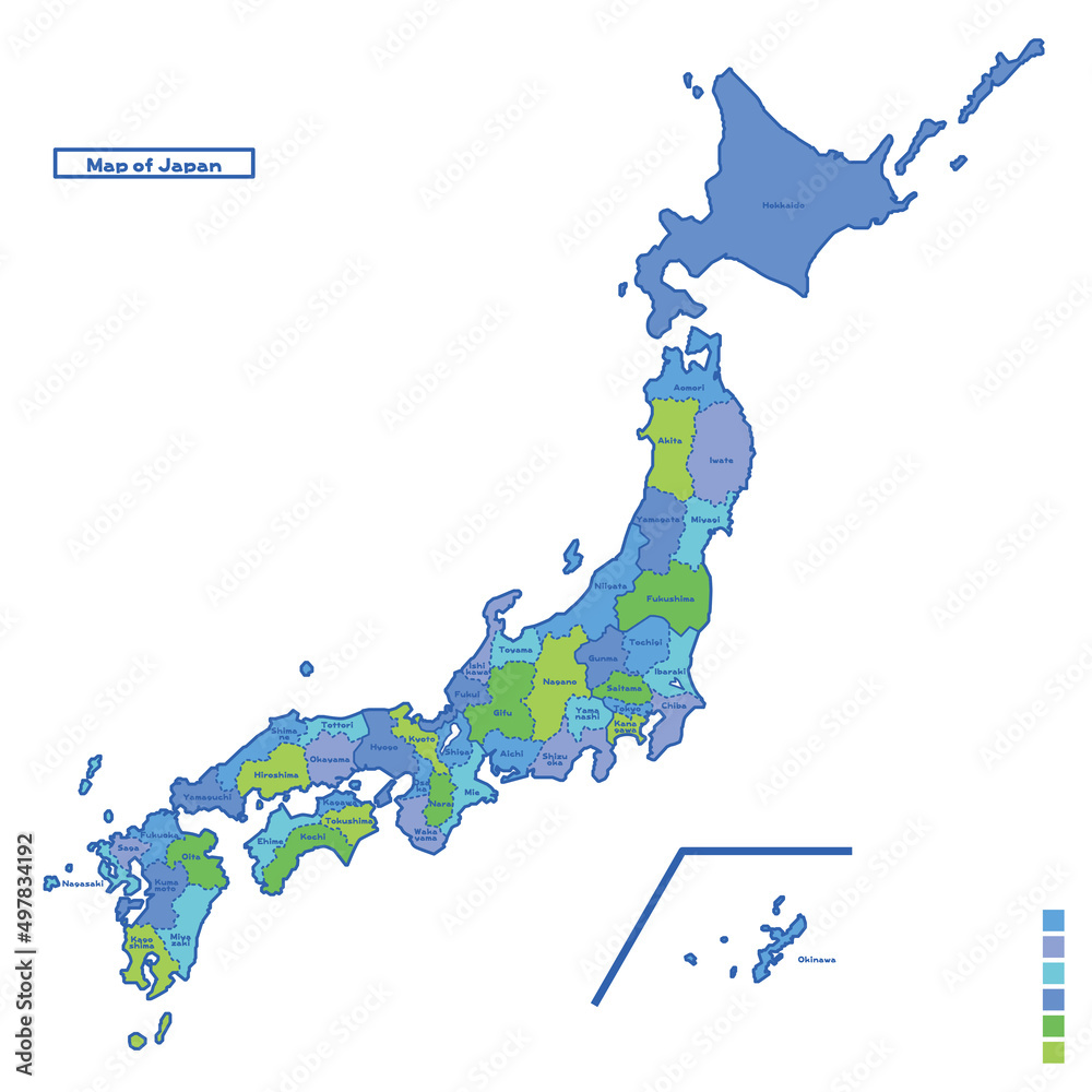 日本地図 都道府県名 雨の日カラーで色分けマップ 英語版 Stock Vector Adobe Stock