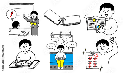 授業を受け勉強しテストで高得点を採る私服姿の男子学生イラストセット