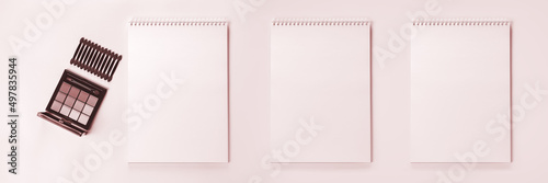 Pallet shadows and applicators with three notes on pink background. Makeup eyes. Womens cosmetics. Beauty and eye image. Banner.