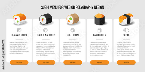 Sushi menu section with cute illustration minimal interface and icons. Button see more. Vector easily customizable template, 5 types of rolls