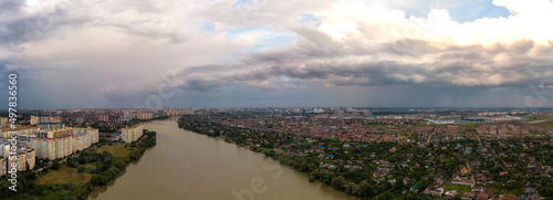storm clouds over the city of Krasnodar and the Kuban river on an autumn rainy day