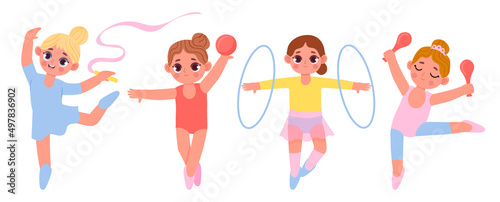 Cartoon little gymnast girls. Kids exercising with hoop, ball and clubs. Cute children having rhythmic gym workouts photo