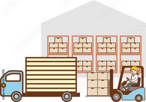 倉庫の前でトラックに荷物を運ぶフォークリフトと女性作業員。