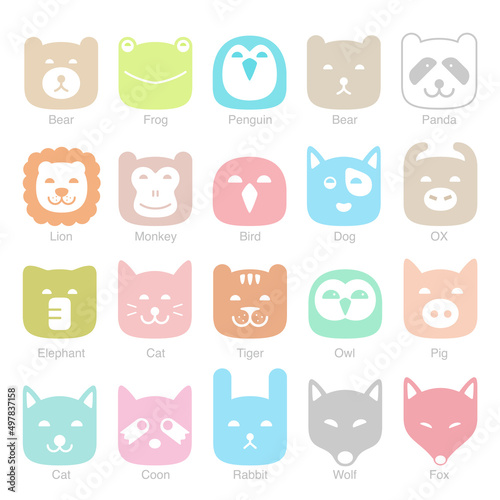 cute animal face flat icon set, vector illustration