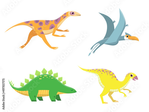 Cute baby dinosaurs. Funny cartoon dino running  standing and flying. Friendly colorful characters for children