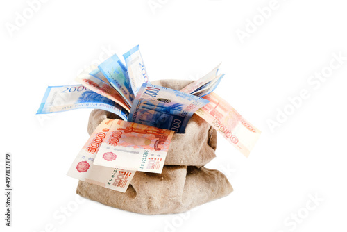 Bag of money, Russian ruble in denominations two and five thousand rubles in bag.
