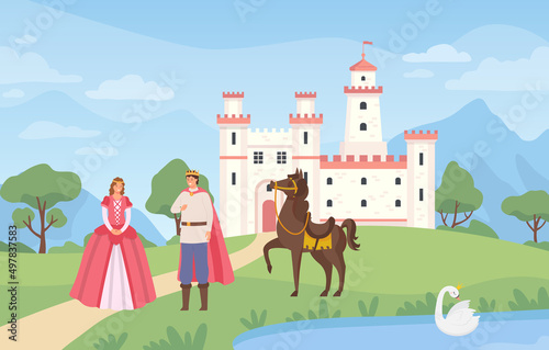 Fototapeta Naklejka Na Ścianę i Meble -  Fairytale landscape with castle. Prince and princess standing on meadow with horse. Medieval magical kingdom
