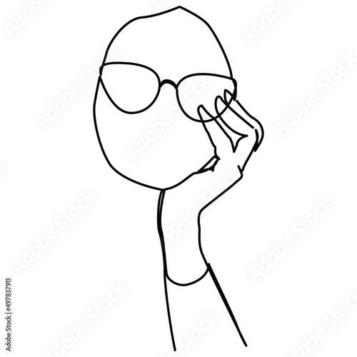 one line continuous drawing of woman wearing eyeglass with one hand