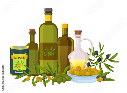 Olive oil set. Products made from olive branches. Black and green organic olives, jars and glass bottles