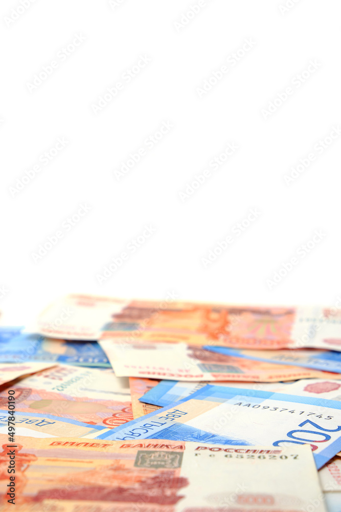 Banknotes Russian ruble in denominations two and five thousand rubles white background.