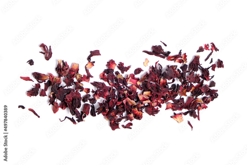 Naklejka premium Dried leaves of the Sudanese rose on a white background, karkade herbal tea.