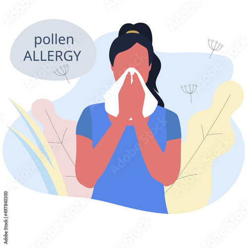 Seasonal allergy. Woman sneezing from pollen and flowers allergy