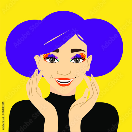 Smiling girl opens up. Girl with hands on her face. Colored background
