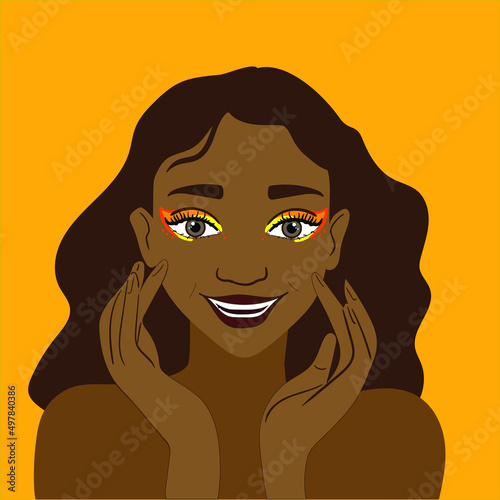 Smiling girl opens up. Girl with hands on her face. Colored background