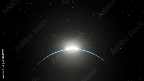 Fototapeta Naklejka Na Ścianę i Meble -  Blue curve of a planet that is effected from a star light with star field in background(3D Rendering)