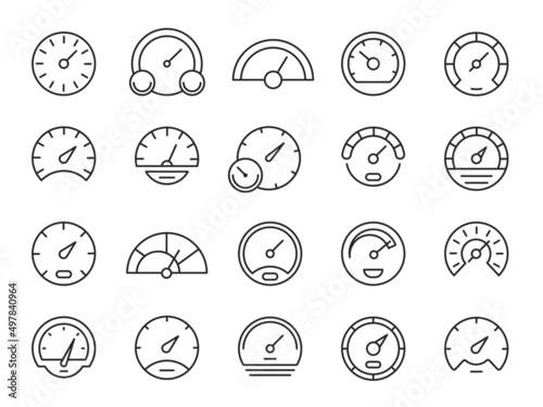 Speedometer line icons. Loading and downloading speed indicator, minimalistic outline tachometer gauge. Vector set