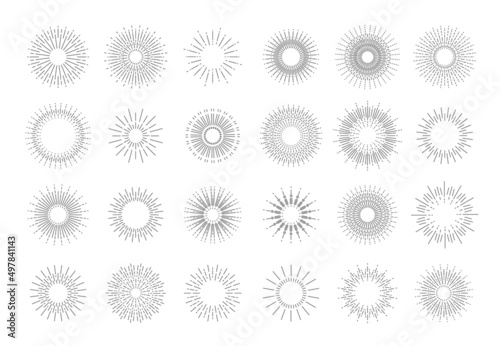 Sunburst rays. Line firework explosion decorative elements template for logotype emblem and banner. Vector isolated set