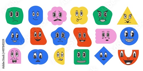 Abstract shapes with faces. Cartoon clip art mascot characters with funny retro smiley faces. Vector comic forms
