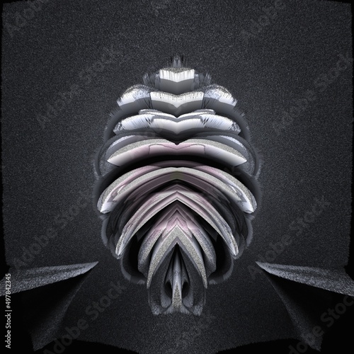 3D illustration of shiny chrome metallic pattern and futuristic shape in creative cyclone style design on a grey background