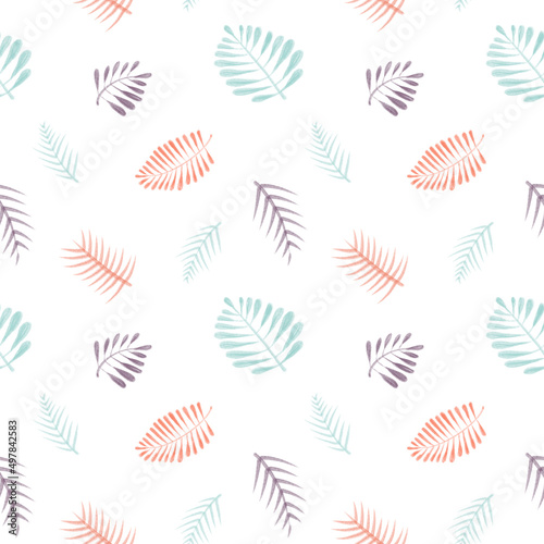 Hand drawn abstract floral seamless pattern in pastel colors with illustration of sketch silhouettes of tropical branches, leaves. Simple doodle cartoon style elements isolated on white background
