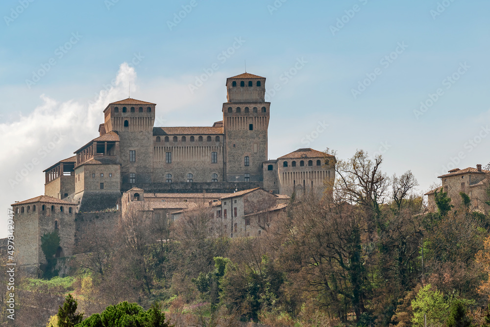 Torrechiara Castle, Parma, Italy, is a 15th-century manor house with medieval and Renaissance features at the same time