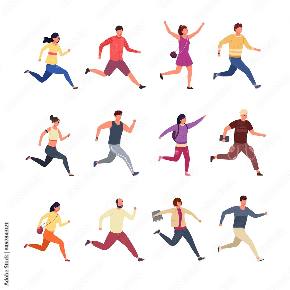 Running characters. Cartoon people wearing casual and sport clothes running and jogging, hurry men and women. Vector set